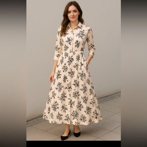 Ethereal maxi shirt dress panelled skirt pockets cream/black M